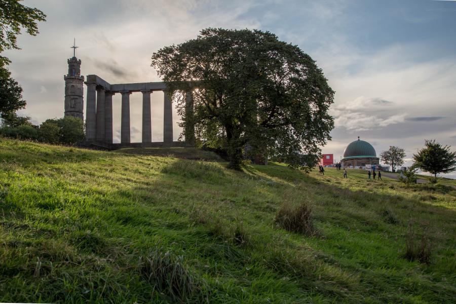 The sun is shining through the National Monument of Scotland and a large tree that stands in front of it. The National Monument itself is a set of 12 columns arranged vaguely in an C shape. in the foreground there are grasses.